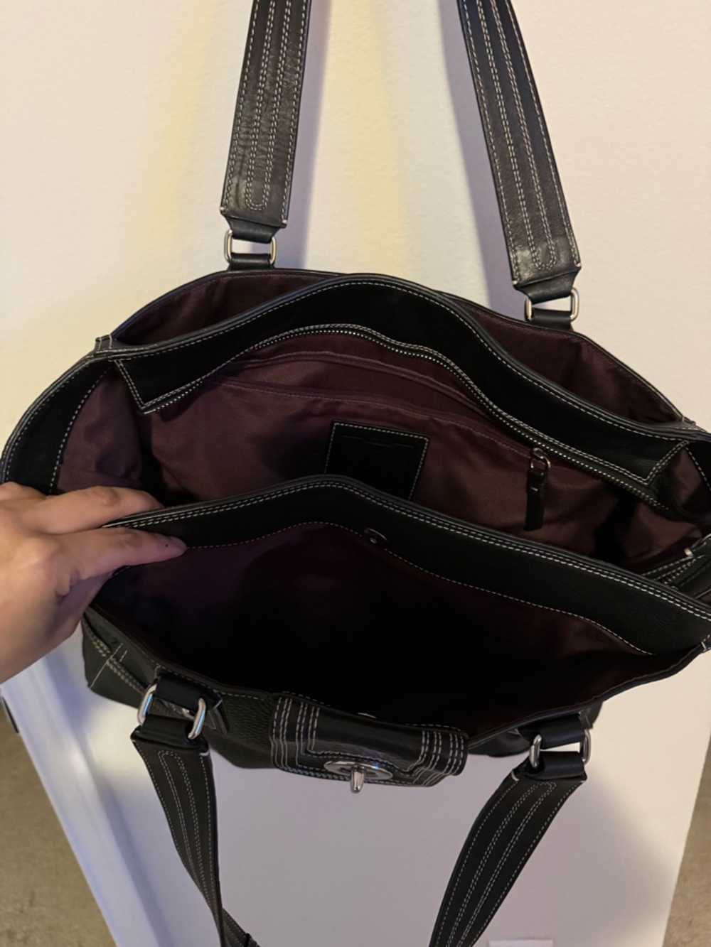 Coach Black Leather Tote with Turn-Lock Front Pocket - Picture 4 of 5